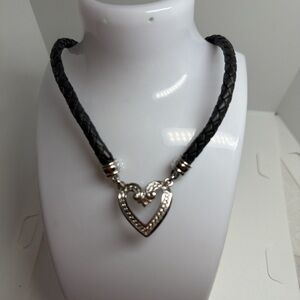 Women's Black Braided Leather Necklace with Silver Heart Pendant